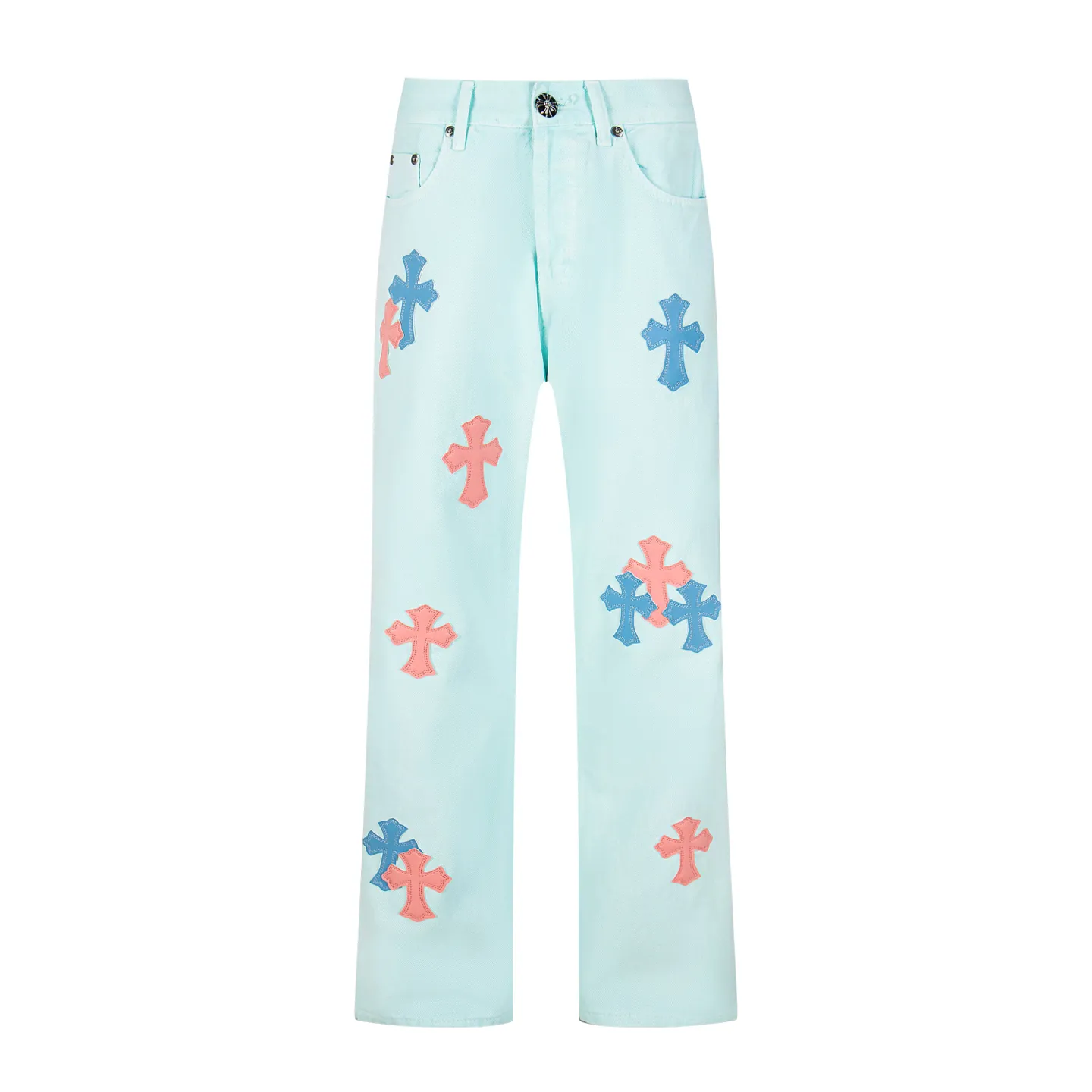 P240 (high version, running quantity) Chrome Hearts light blue blue pants, pink and blue patchwork leather couple's best friend jeans. CH jeans need to be washed and then disassembled and hand-ordered with sheepskin cross leather and then spliced ​​to complete. The whole piece has too many craftsmanship to describe. The patches are decorated with cross flowers, and the high-waisted washed jeans! ! Absolutely high-end luxury products, god-level single products and super popular products, made with top heavy industry, a must-see magic weapon. Customized hardware. The fabric is thick and soft after washing. It has good breathability. Customized small leather label. Unique design. The details are simple and elegant, and the workmanship is exquisite. The entire trousers are neatly routed and the details are in place! It’s so cool that both men and women can easily control the genderless trend! Style number: 1817# Color: Picture color Size: 28 30 32 34 36